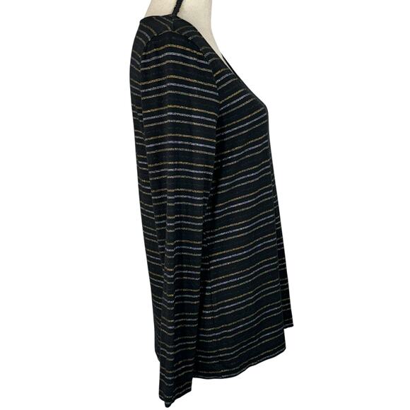 Chico’s SZ 1 (Medium) Top Striped Long Sleeves Stretch Scoop Neck Metallic Black - Picture 3 of 7